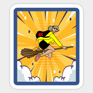 Flying Witch On A Broomstick With A Hat Sticker